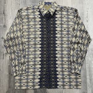 Vintage Fine Silk Batik Art Geometric Button Down Shirt Mencana Ungu India Large